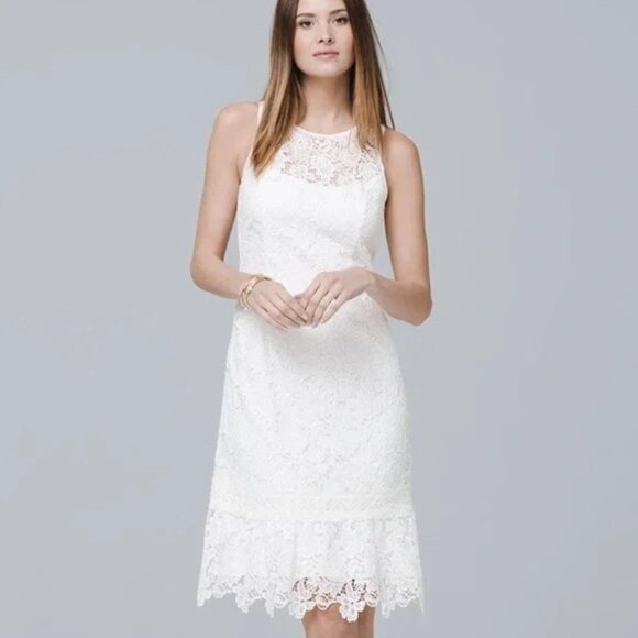 WHBM Sleeveless White Floral Lace Flounce-Hem Shift Dress - Picture 2 of 12